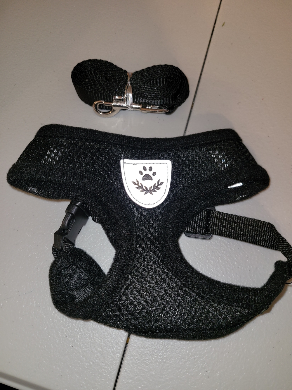 Black Mesh Dog Harness with Leash - Paw Crest Design